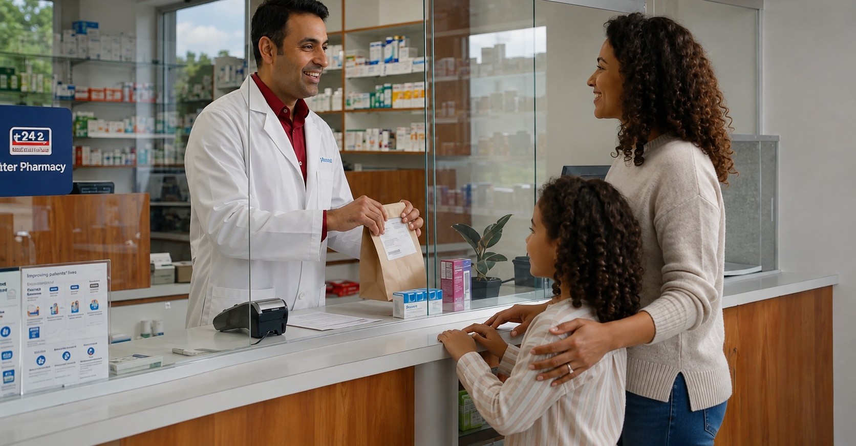 Fenkell Rx pharmacist helping a patient and her daughter