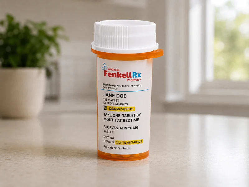 Prescription refill pill bottle — refill online or by phone at Fenkell Rx Pharmacy, Detroit MI 48223