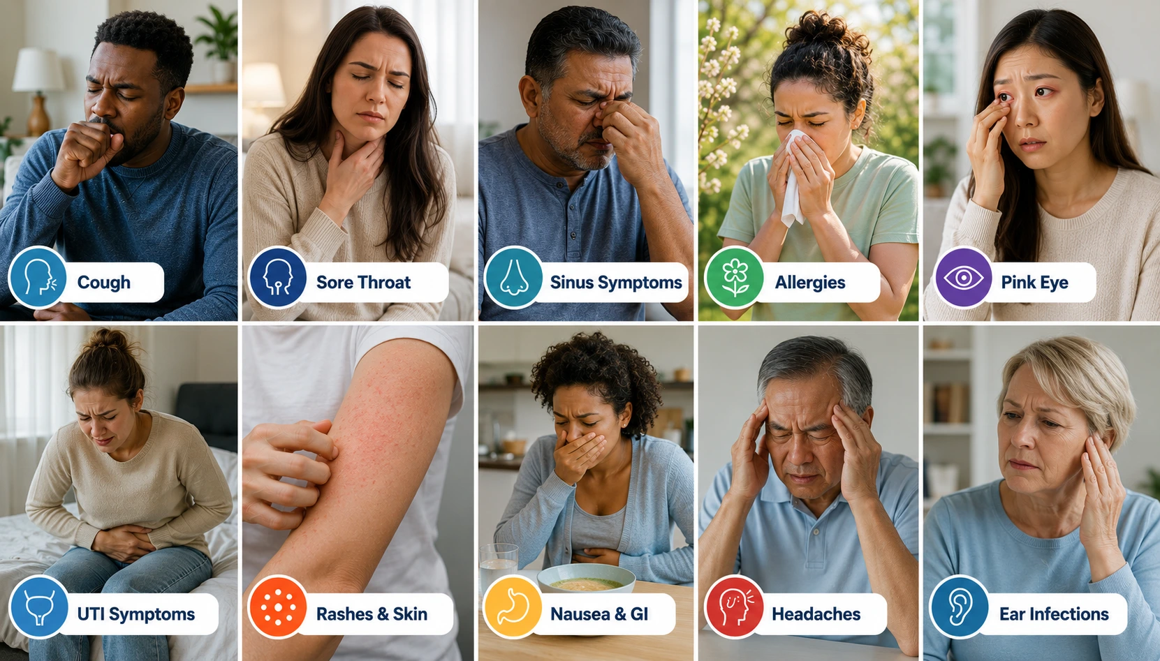 Common conditions: Cough, Sore Throat, Sinus, Allergies, Pink Eye, UTI, Rashes, Nausea, Headaches, Ear Infections and more