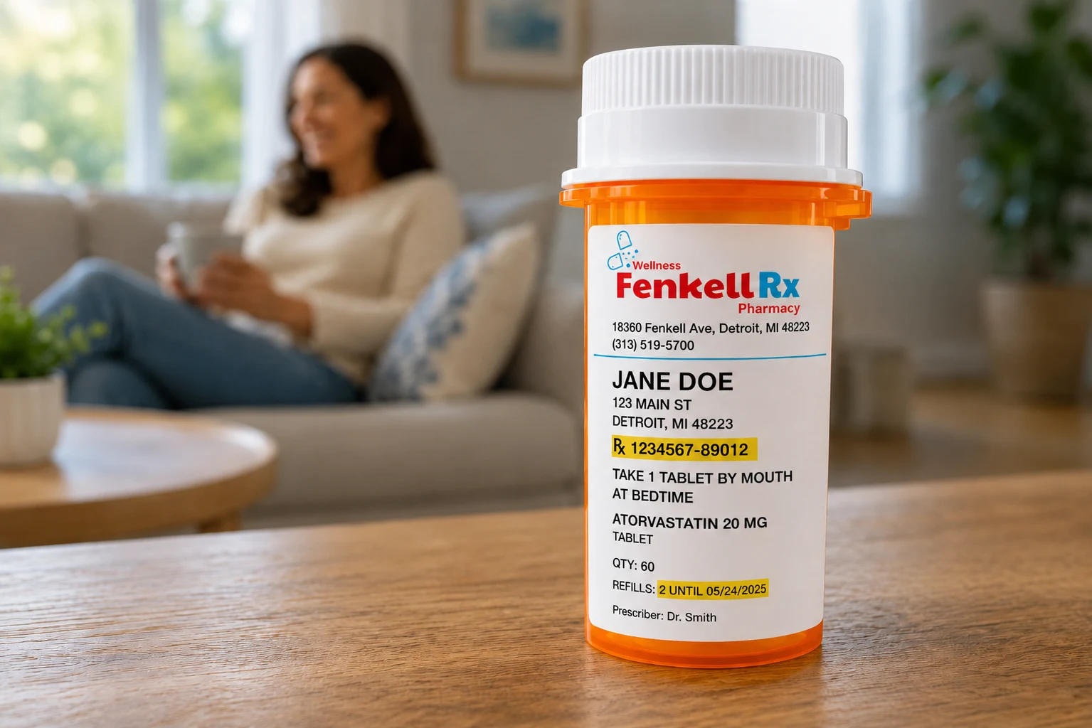 Fenkell Rx Pharmacy prescription bottle — refill online or by phone at 18360 Fenkell Ave Detroit MI 48223